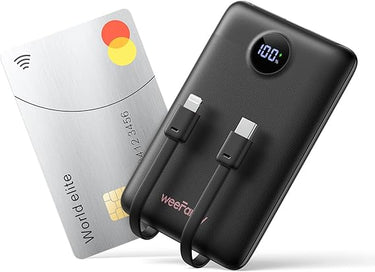 Batería Externa Carga Rápida 10000mAh, WeeFancy Mini Power Bank con 2 Cables Integrados USB C, PD 22.5W Pequeña Compacto Cargador Portátil Universal para Tipo C y iPhone 16/15/14/13/12/Samsung/Android